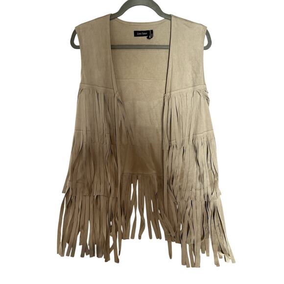Light Tan SUEDE FRINGE Tassel HIPPIE Boho Western Vest, Size S -Open Vest - Picture 1 of 9